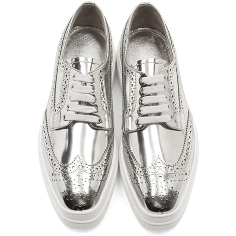 prada metallic leather platform brogues|Prada silver platform sandals.